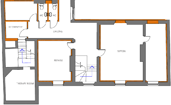 First floor plan showing Perkins, Sefton and Therapy Room